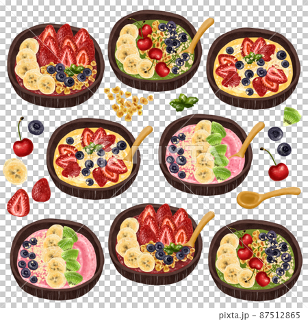 色々な種類のスムージーボウルのセット　木製食器　スプーン　アサイーボウル　グリーンスムージー 87512865