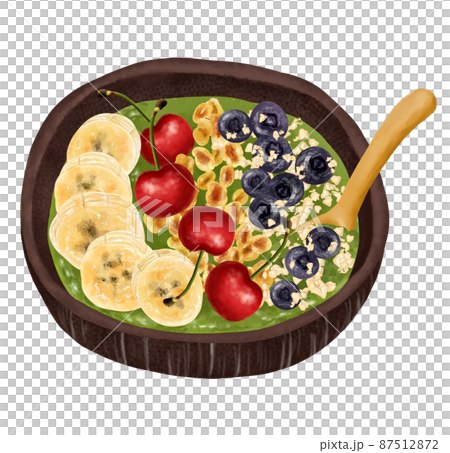 Wooden spoon and smoothie bowl Green smoothie Blueberries, bananas, granola, cherries Wooden spoon and smoothie bowl Green smoothie Blueberries, bananas, granola, cherries 87512872