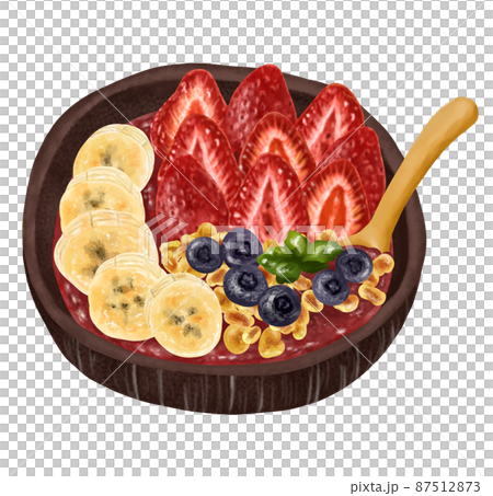 Wooden spoon and smoothie bowl Acai bowl berries, bananas, granola 87512873