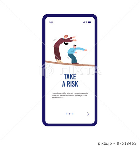 Office workers take risk and walk on tightrope, onboarding screen template - flat vector illustration. Office workers take risk and walk on tightrope, onboarding screen template - flat vector illustration. 87513465