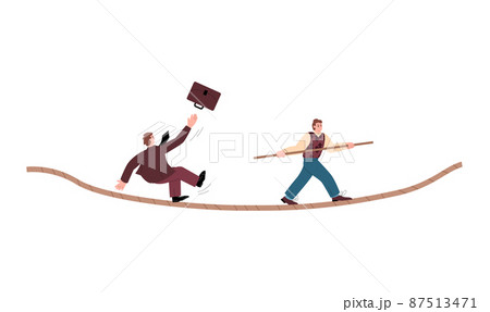 Businessman carrying pole to balance on rope, flat vector illustration isolated on white background. 87513471