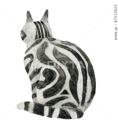 猫のかわいい手描き水彩イラスト 座るアメリカンショートヘアの後ろ姿のイラスト素材