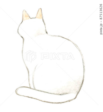 猫のかわいい手描き水彩イラスト 座る白猫の後ろ姿のイラスト素材