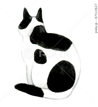 猫のかわいい手描き水彩イラスト　座る白黒ぶち猫の後ろ姿 87513627