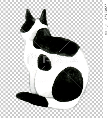 猫のかわいい手描き水彩イラスト　座る白黒ぶち猫の後ろ姿 87513627