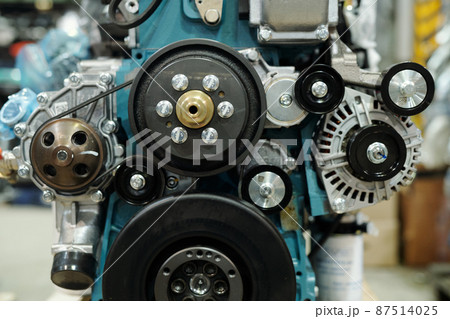 Close-up of working engine of huge industrial machine with rotating shafts 87514025