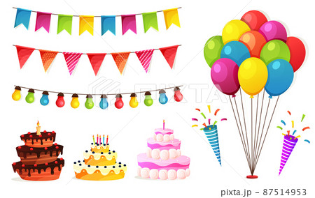 Birthday party isolated elements set with colorful presents fairy lights flags. Colorful balloons, carnival celebration food and candy. Gifts presents, sweet cupcakes and celebration cake. 87514953
