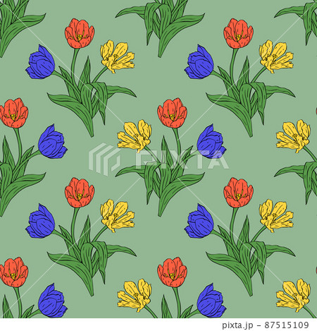 Vintage seamless pattern with red and yellow line art tulips flowers and leaves on green Vintage seamless pattern with red and yellow line art tulips flowers and leaves on green 87515109
