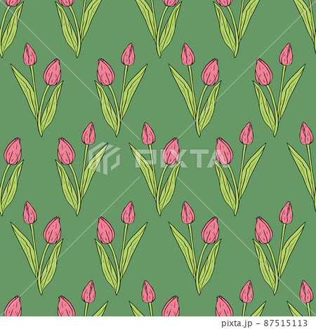 Vintage seamless pattern with pink tulips flowers and leaves on green Vintage seamless pattern with pink tulips flowers and leaves on green 87515113
