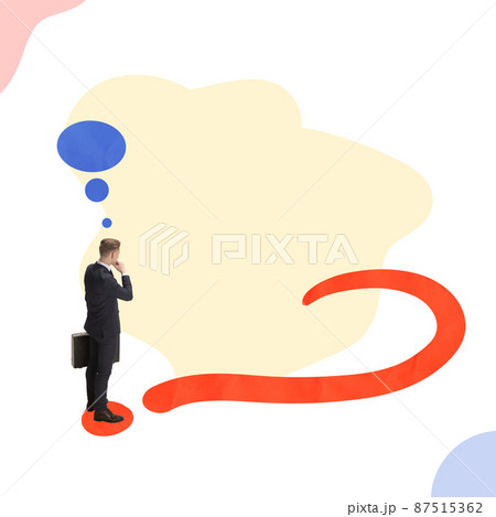 Creative desing. Young man, motivated, ambitious employee standing near giant question mark 87515362