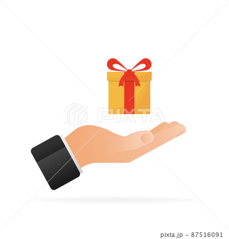 Flat icon with gift in hand. Christmas design. Holiday wedding. Shopping event illustration. Gift box icon 87516091