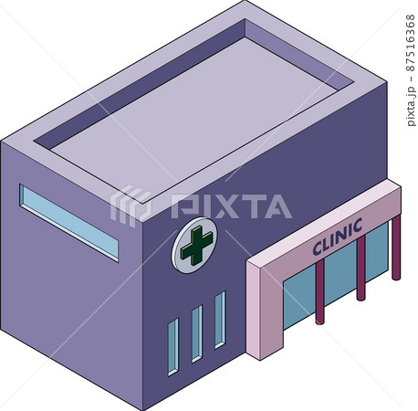主線あり 立体的なアイソメトリックスタイルのクリニックの外観イラスト のイラスト素材