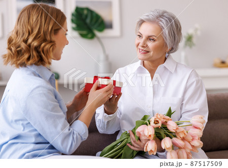 Delighted young woman congratulations mother with bouquet of fresh tulips Delighted young woman congratulations mother with bouquet of fresh tulips 87517509