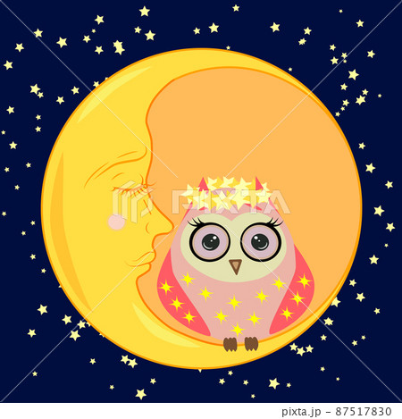 cute cartoon sleeping owl in circles with closed eyes sits on a drowsy crescent among the stars. 87517830