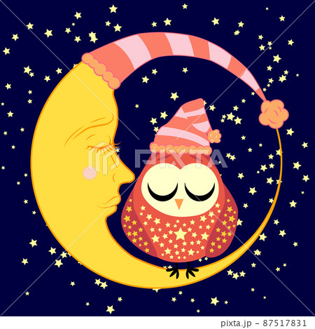 cute cartoon sleeping owl in circles with closed eyes sits on a drowsy crescent among the stars. cute cartoon sleeping owl in circles with closed eyes sits on a drowsy crescent among the stars. 87517831