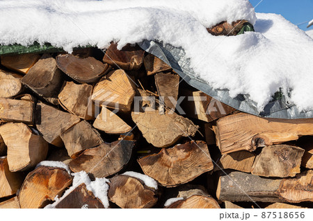 Snow covered firewood. Stack of wood cut. Snow on the timber stack. Wooden log store under snow 87518656