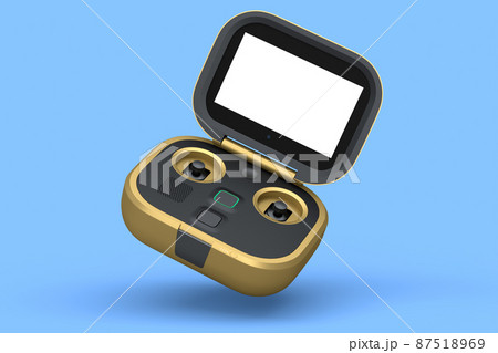 Flying photo and video drone remote with action camera isolated on blue 87518969