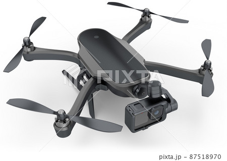 Flying photo and video drone or quad copter with action camera isolated on white 87518970