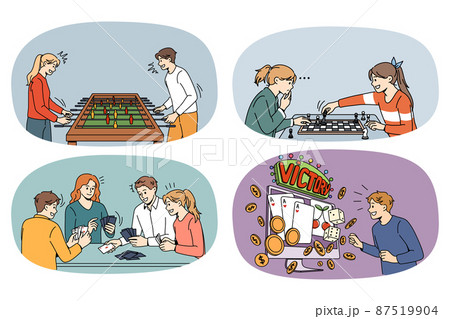 Set of smiling kids play different games with friends Set of smiling kids play different games with friends 87519904