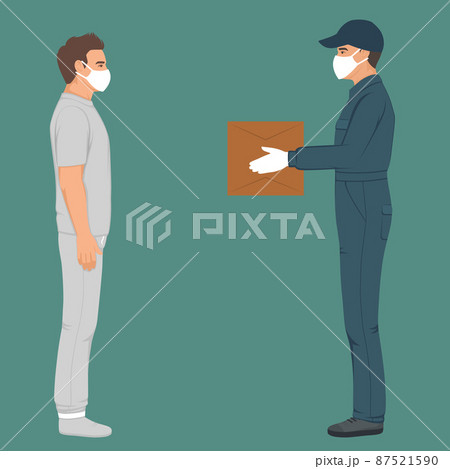 delivery man in mask and glowes with box in hands. Courier with order. Vector illustration 87521590