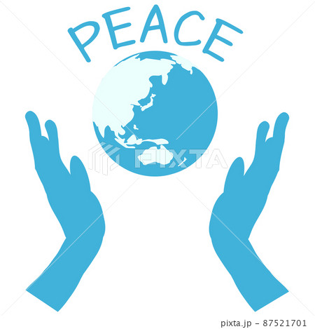 地球と広げた手、モノトーンイラスト、PEACEの英字 地球と広げた手、モノトーンイラスト、PEACEの英字 87521701