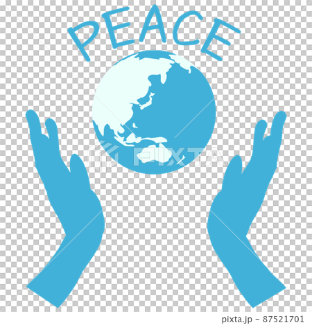 地球と広げた手、モノトーンイラスト、PEACEの英字 地球と広げた手、モノトーンイラスト、PEACEの英字 87521701