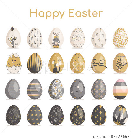 Happy Easter. Large collection of eggs with different textures, patterns and festive decorations on a white background. Spring holiday. Vector flat illustration 87522663