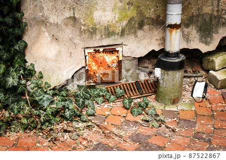 English Ivy crowling from building corner on red tiled pavement along broken aged concrete wall with small rusty door and pipe English Ivy crowling from building corner on red tiled pavement along broken aged concrete wall with small rusty door and pipe 87522867