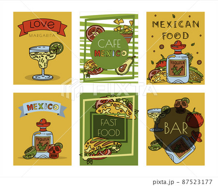 Mexican cuisine, vector doodle food banner. National spicy food, fast food, snacks. Sketch illustration for restaurant, menu, cafe. Fiesta mexicana 87523177