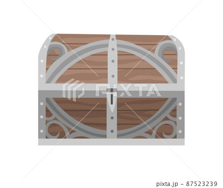 Chest box. Ancient treasure box or pirate closed wooden container. Vector cartoon icon coffer isolated on white background Chest box. Ancient treasure box or pirate closed wooden container. Vector cartoon icon coffer isolated on white background 87523239