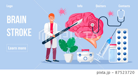 Neurologist concept vector for medicine blog, medical blog. Brain with EKG, encephalogram machine. Neuron under magnifying glass 87523720