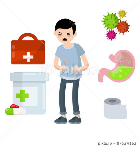 Diarrhea, upset stomach. Man holding belly. 87524162