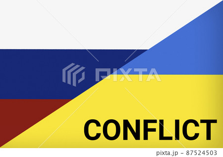 Ukraine vs Russia in world war crisis concept. Clash and military war conflict between Ukrainian and Russian country and nation. Flags of the two countries. Peace, no war, flag symbols Ukraine vs Russia in world war crisis concept. Clash and military war conflict between Ukrainian and Russian country and nation. Flags of the two countries. Peace, no war, flag symbols 87524503
