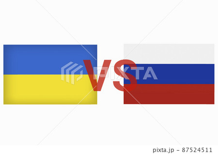 Ukraine vs Russia in world war crisis concept. Clash and military war conflict between Ukrainian and Russian country and nation. Flags of the two countries. Peace, no war, stop them. Flag symbols 87524511