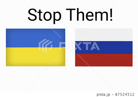 Ukraine vs Russia in world war crisis concept. Clash and military war conflict between Ukrainian and Russian country and nation. Flags of the two countries. Peace, no war, stop them. Flag symbols Ukraine vs Russia in world war crisis concept. Clash and military war conflict between Ukrainian and Russian country and nation. Flags of the two countries. Peace, no war, stop them. Flag symbols 87524512