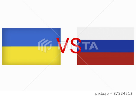 Ukraine vs Russia in world war crisis concept. Clash and military war conflict between Ukrainian and Russian country and nation. Flags of the two countries. Peace, no war, stop them. Flag symbols 87524513
