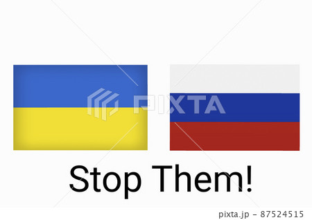 Ukraine vs Russia in world war crisis concept. Clash and military war conflict between Ukrainian and Russian country and nation. Flags of the two countries. Peace, no war, stop them. Flag symbols 87524515