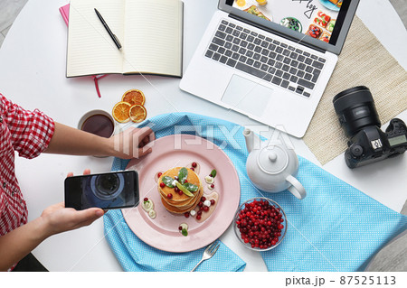 Food blogger taking photo of her breakfast at table, top view Food blogger taking photo of her breakfast at table, top view 87525113