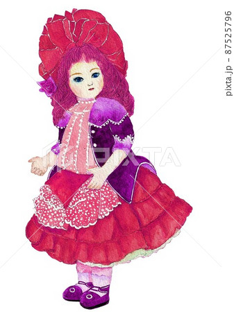 水彩画　アンティークドール　白抜き 87525796
