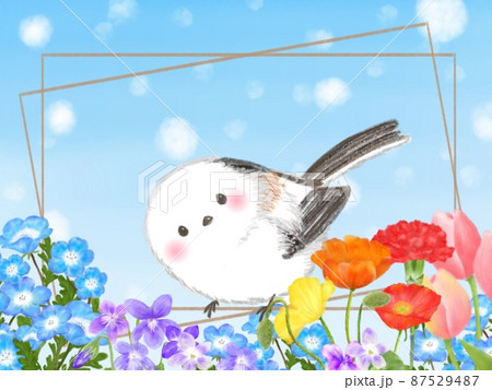 シマエナガ　イラスト画 シマエナガ 雪の妖精 花（ネモフィラ、スミレ、ポピー、カーネーション