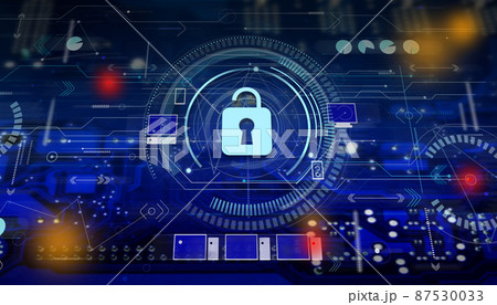 Cyber security and data protection concept. Information privacy background. Digital padlock icon on virtual interface screen. Internet technology against online attacks. 87530033