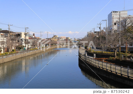 新川護岸遊歩道と遠くに見える櫓橋（やぐらはし）　東京都江戸川区　　 87530242