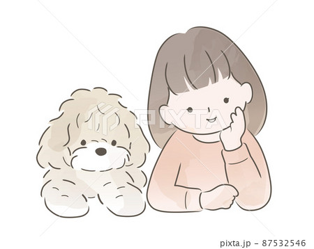 女の子と愛犬の水彩風イラストのイラスト素材