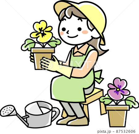 ガーデニングを楽しむ若い女性のイラスト素材
