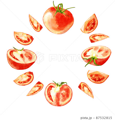 手描き水彩のトマトイラスト正方形フレーム 円のイラスト素材