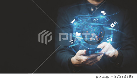 Business people use global Internet connection technology and digital marketing, finance and banking, digital link technology, big data.  87533298