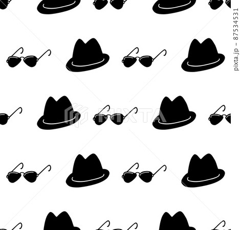 Detective, spy, mafia seamless pattern. Silhouette of black hat and sunglasses in a row on white background. 87534531