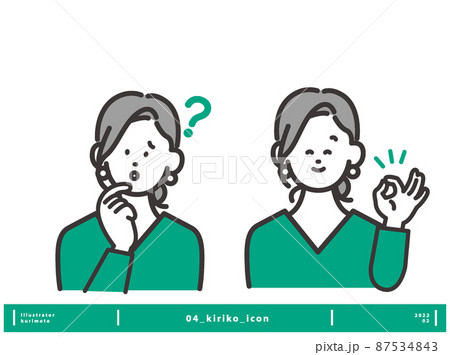 悩んでいる表情と解決して笑顔の表情の女性アイコンイメージベクター素材 87534843
