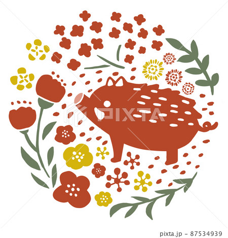 イノシシとお花のイラスト素材