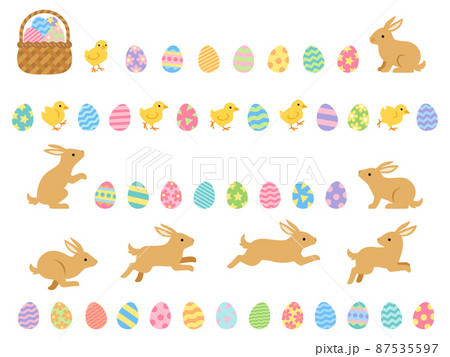 イースターのうさぎとひよこと卵のラインセットのイラスト素材